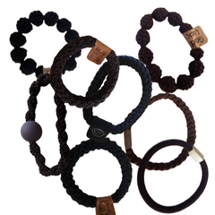 Handmade ponytail holder set of braided loops in black, brown, and navy with tags