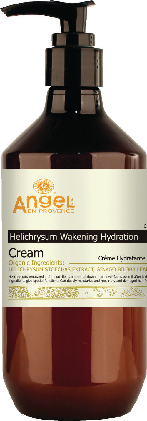 Amber glass hydration cream pump bottle with beige label, Helichrysum Awakening Cream