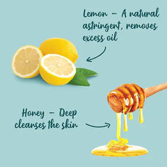 Foaming face wash benefits graphic with lemon and honey callouts