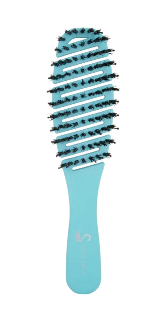 Mermaid baby hair brush with teal handle and soft pin bristles