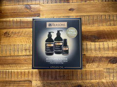 Argan oil moisturise & shine box with free serum label and multiple bottles pictured