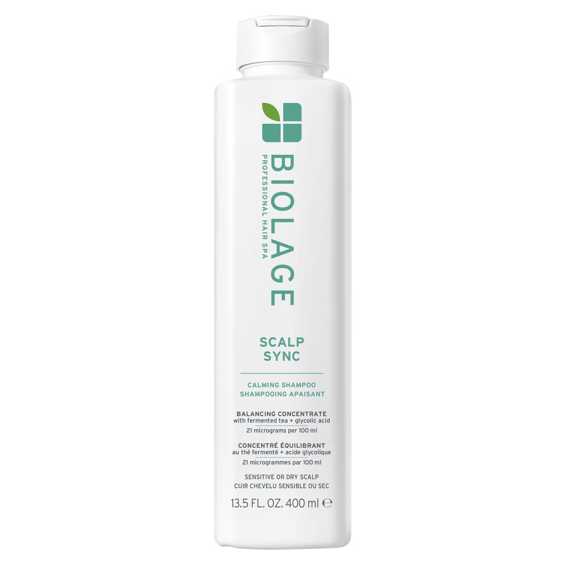 Biolage Scalp Sync calming shampoo bottle, white with teal label, 400 ml