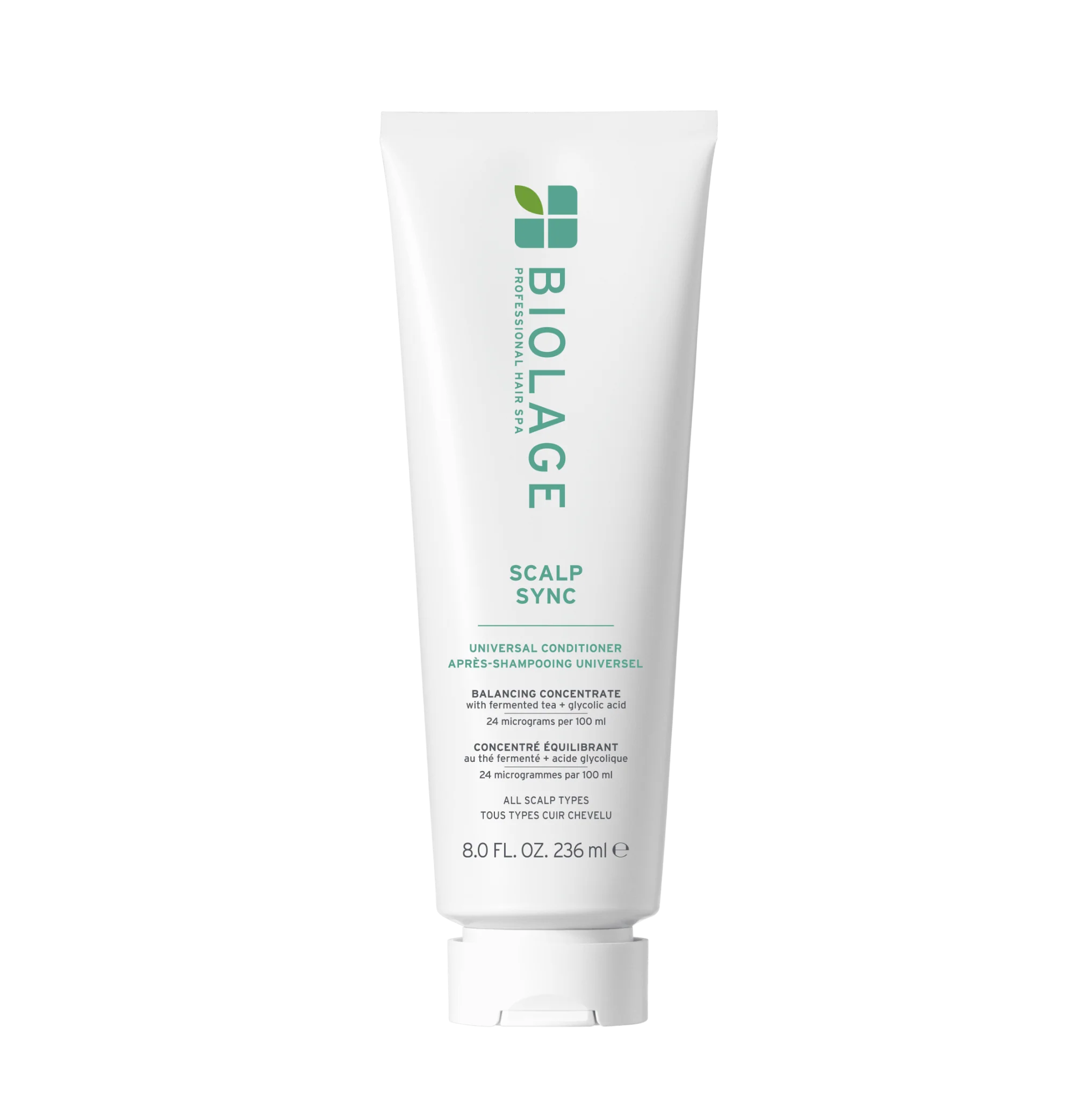 Universal conditioner tube with green BioLage Scalp Sync label, white cap and body