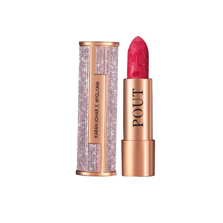 Sparkly rose-gold lipstick case with red matte bullet