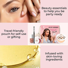 Beauty pouch makeup kit layout with travel pouch panel and ingredient drop detail