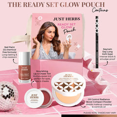 Beauty pouch makeup kit box with nail paint, kajal, and compact powder illustrations