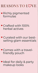 Pink promotional card with hearts listing reasons to love the makeup kit
