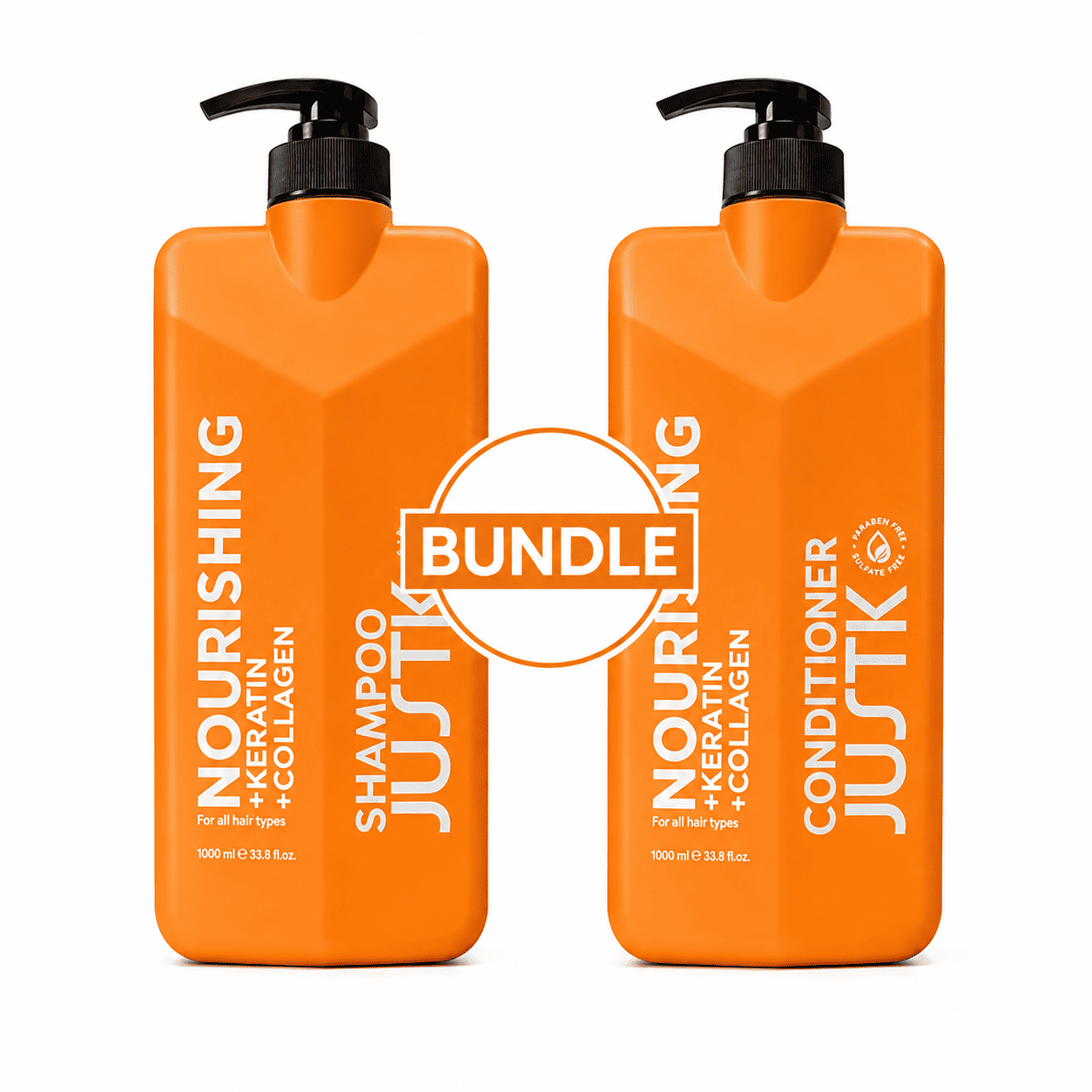 Orange keratin and collagen shampoo & conditioner bottles with pump, bundle