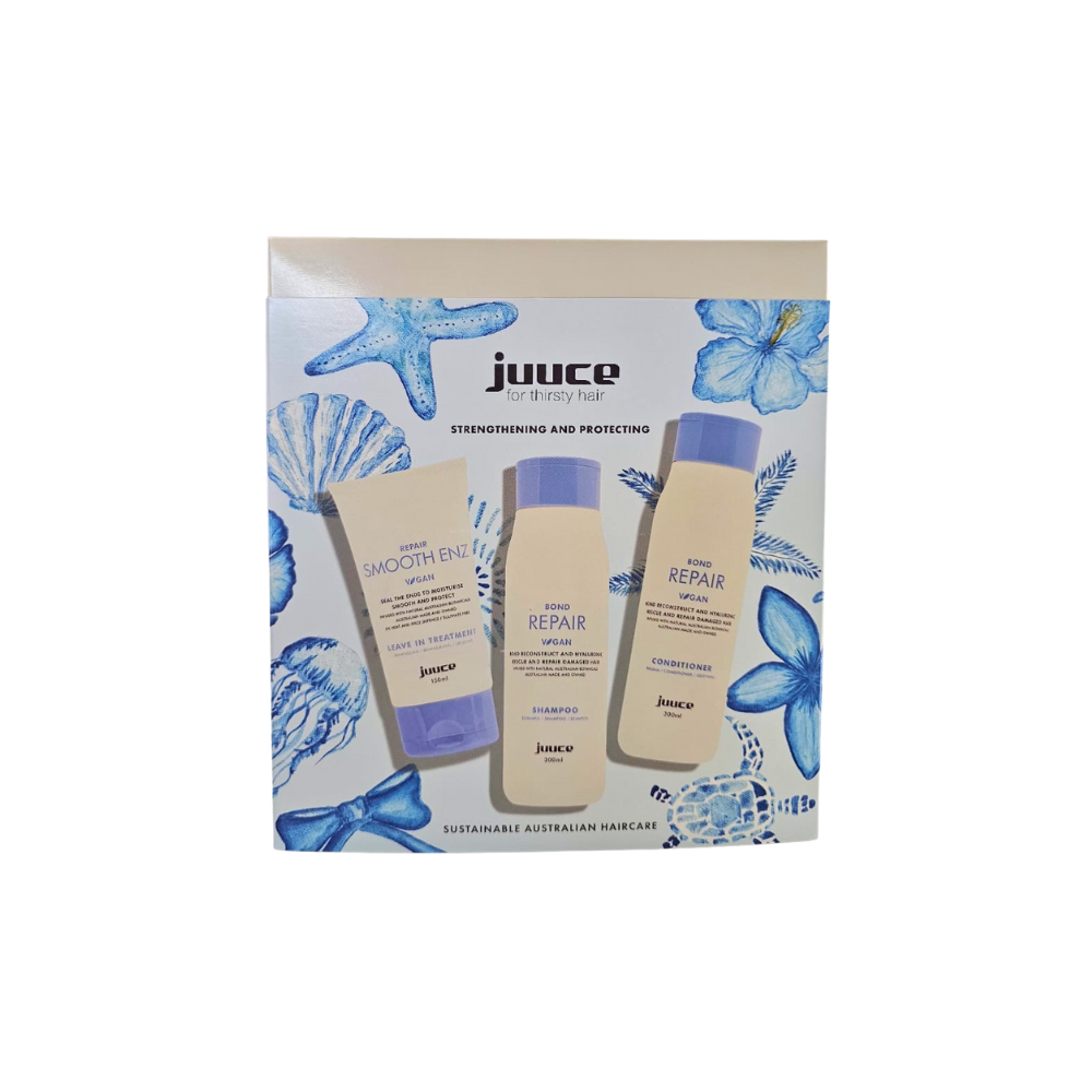JUUCE hair bond repair and smooth enzymes trio pack in boxed set with blue sealife art