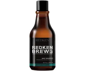 Shampoo bottle, Redken Brews Mint, dark amber with black cap and teal label