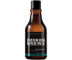 Shampoo bottle, Redken Brews Mint, dark amber with black cap and teal label