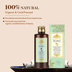 Kama Ayurveda coconut oil bottle with carton and coconut halves