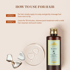 Kama Ayurveda coconut oil bottle with hair-use application icons