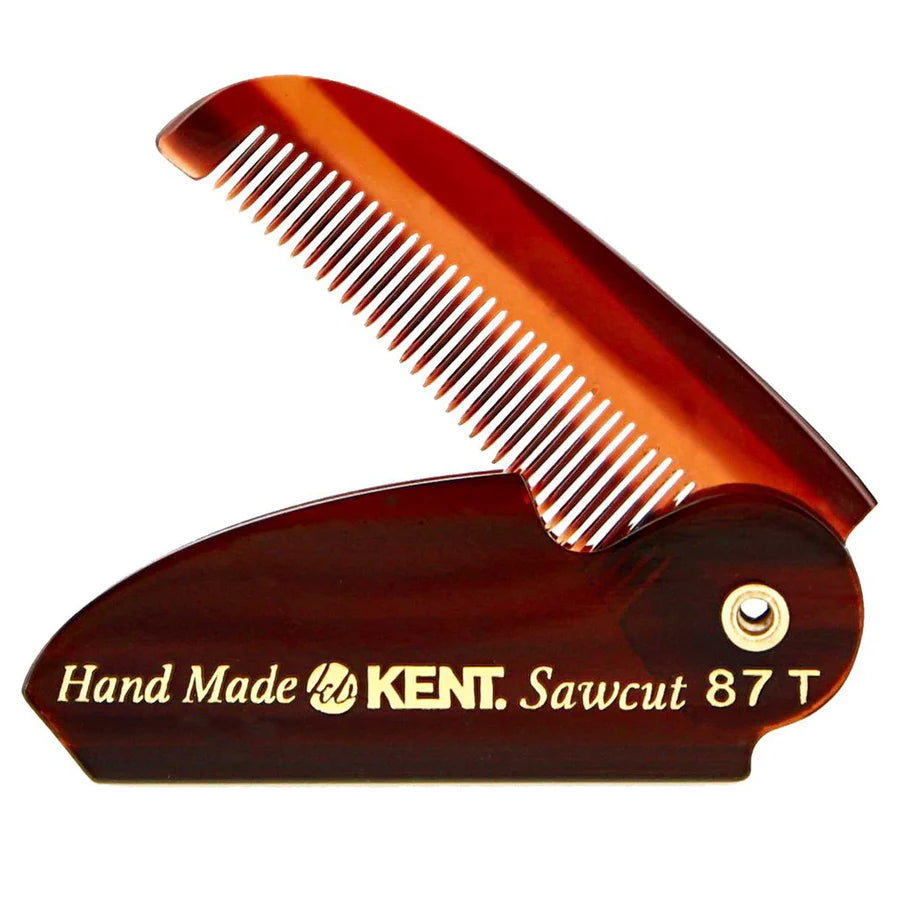 Folding beard and moustache comb, red and dark brown with KENT 87 T label