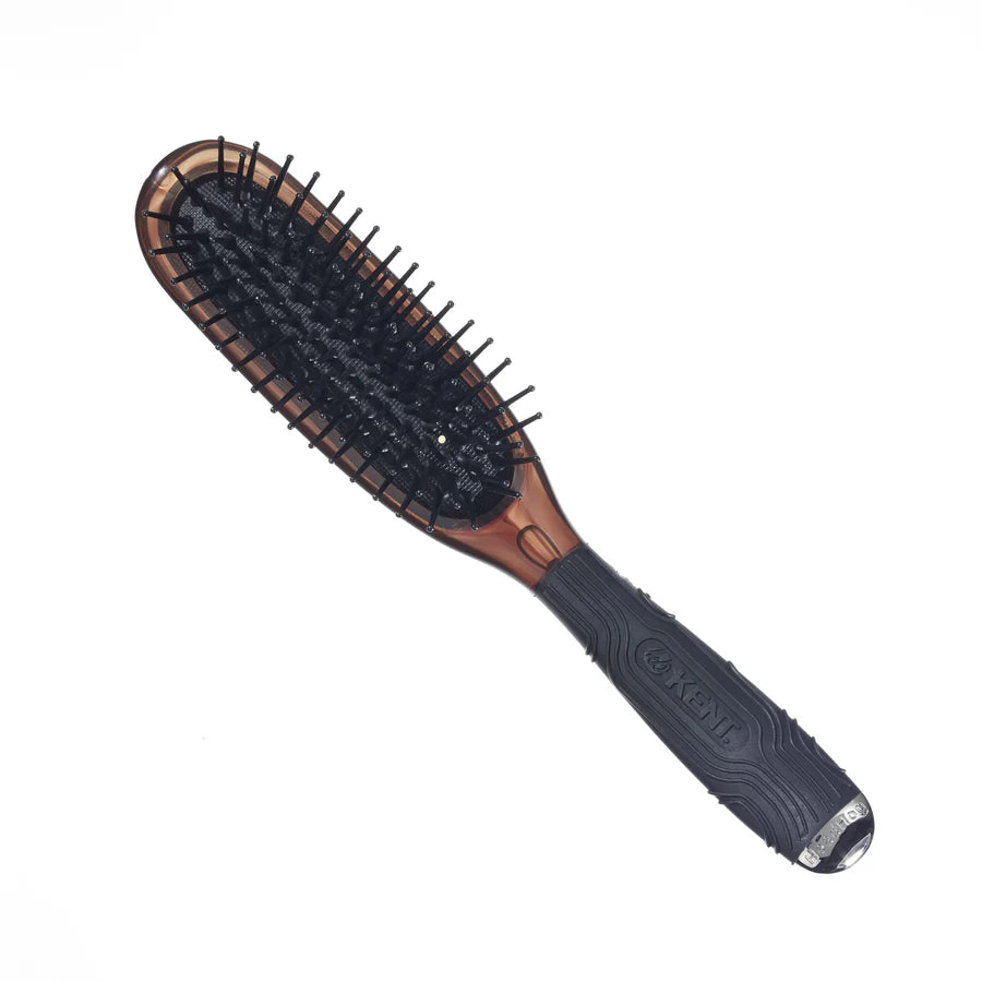 Nylon quill hair brush with dark bristles and brown wooden back