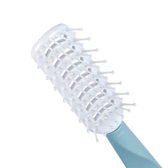 Vented hairbrush brush head with white cushion and pin bristles, light blue handle.