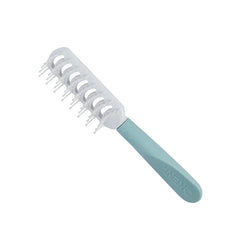 Vented hairbrush with light blue handle and white bristle pad, short handle.