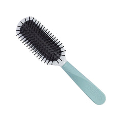 Small vented paddle hairbrush with black pins and light blue non-slip handle.