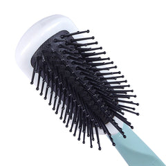 Small vented paddle hairbrush with white vented cushion, dense black pins, and blue handle.