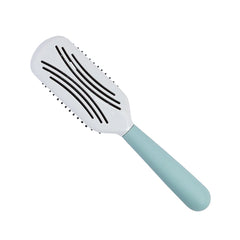 Small vented paddle hairbrush with long black bristles on white cushion and blue handle.