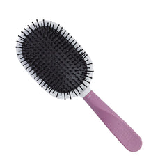 Large round paddle hairbrush with purple handle and black bristle pins