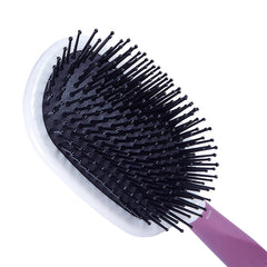 Large paddle hairbrush with purple handle, black bristles on white circular cushion