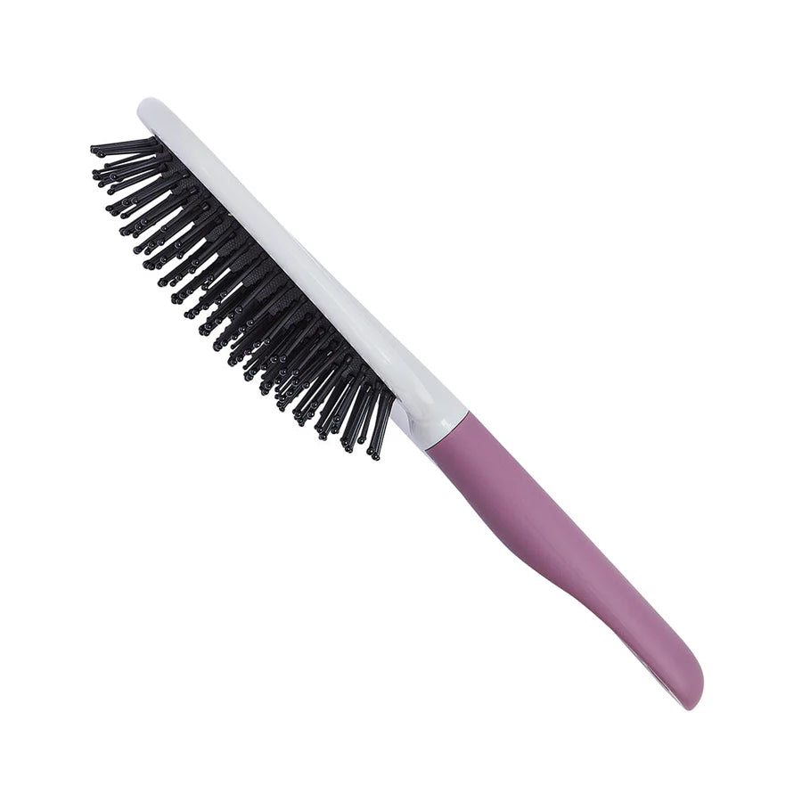 Large fine-quill paddle hairbrush with purple handle and black bristle pins
