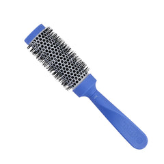 Blue round hairbrush with black bristles and blue handle, side view