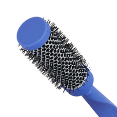 Blue round hairbrush barrel with black bristles and textured back pattern, handle
