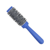 Blue ceramic round hairbrush with black bristles and blue handle