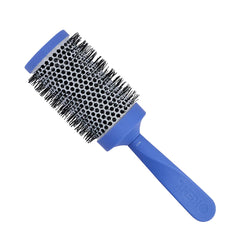 Ceramic round hairbrush with blue handle and blue base, black bristle barrel