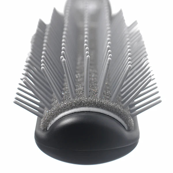Hair styling gel brush head with long pins on dark rounded base