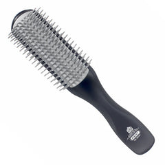 Hair styling gel brush with long metal pins and dark handle with logo