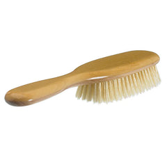 Narrow wood hairbrush with pale bristles on oval head, smooth handle