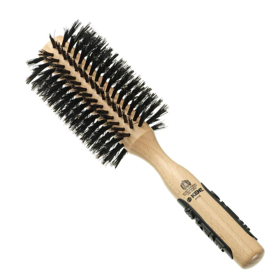 Round hair brush with black nylon bristles and wooden handle