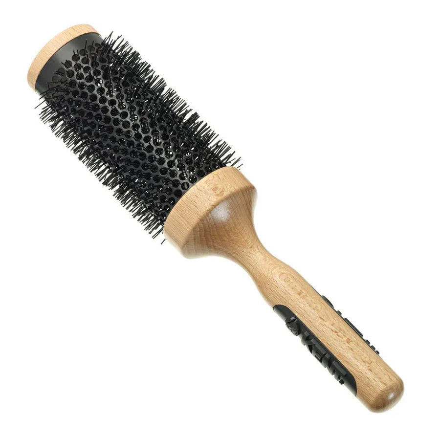 Round ceramic curling brush with wooden handle and black bristles, 56mm