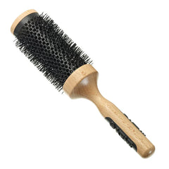 Round ceramic curling brush with wooden handle and black bristles, 56mm