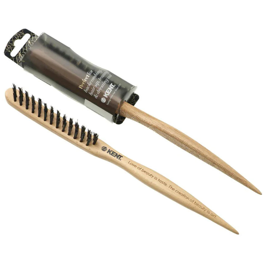 Back-combing brush with wooden handle and dark bristles, KENT PF16