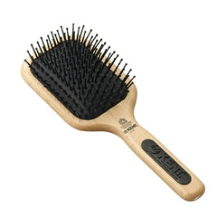 Wooden paddle hair brush with black fine quill bristles and grip handle