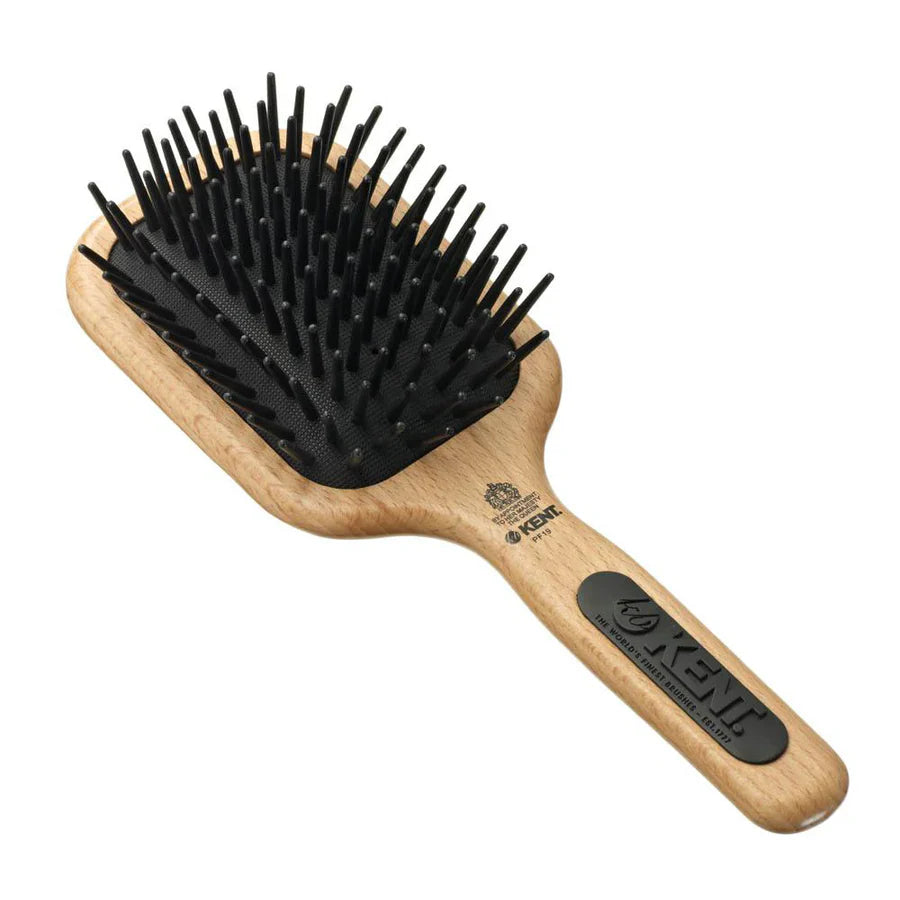 Detangling paddle hair brush with wooden handle, black cushioned base, KENT bristles