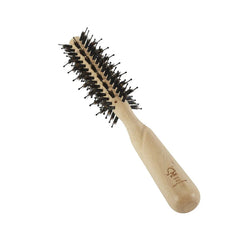 Angled vented hair brush with black bristles on light wood handle