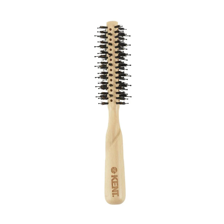Vented round hair brush with mixed nylon bristles and light wood handle