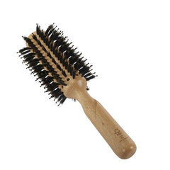 Vented round hair brush with black bristles and light wood handle, angled view