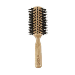 Round hair brush with black bristles on light wood handle, vented pad