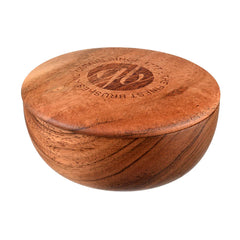 Dark wood shaving soap bowl lid top with embossed Kent logo and raised text