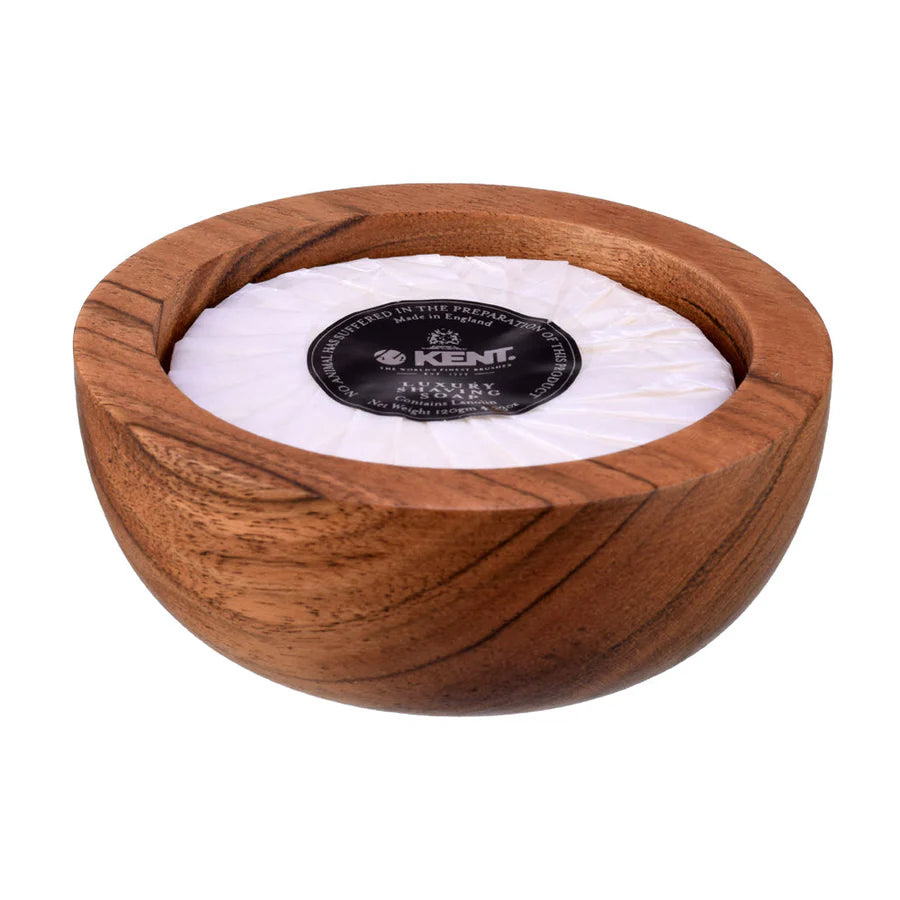 Dark wood shaving soap bowl with white soap puck and Kent logo label, in bowl