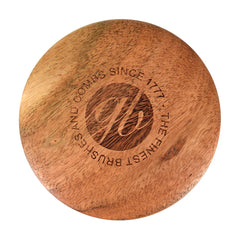 Dark wood shaving soap bowl bottom with stamped Kent logo and text