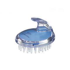 Blue plastic shampoo and scalp massage brush with suction cup base and round bristles