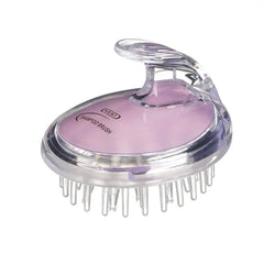 Purple shampoo and scalp massage brush with soft bristles, circular design