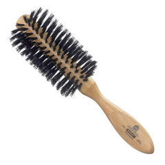 Half-round hair brush with black bristles and oval wooden handle